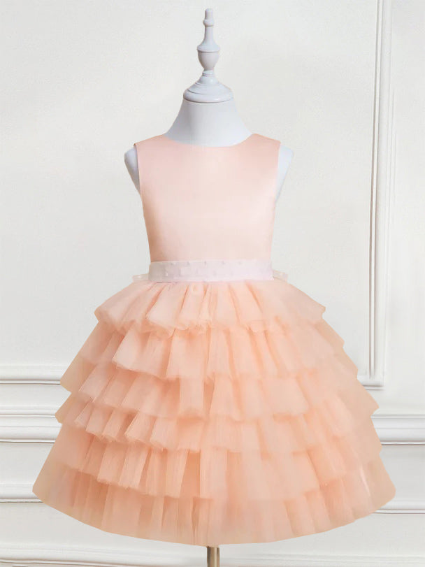 Sleeveless Knee-Length Flower Girl Ball-Gown with Ruffles & Bowknot Round Neck