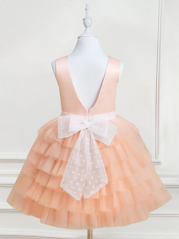 Sleeveless Knee-Length Flower Girl Ball-Gown with Ruffles & Bowknot Round Neck