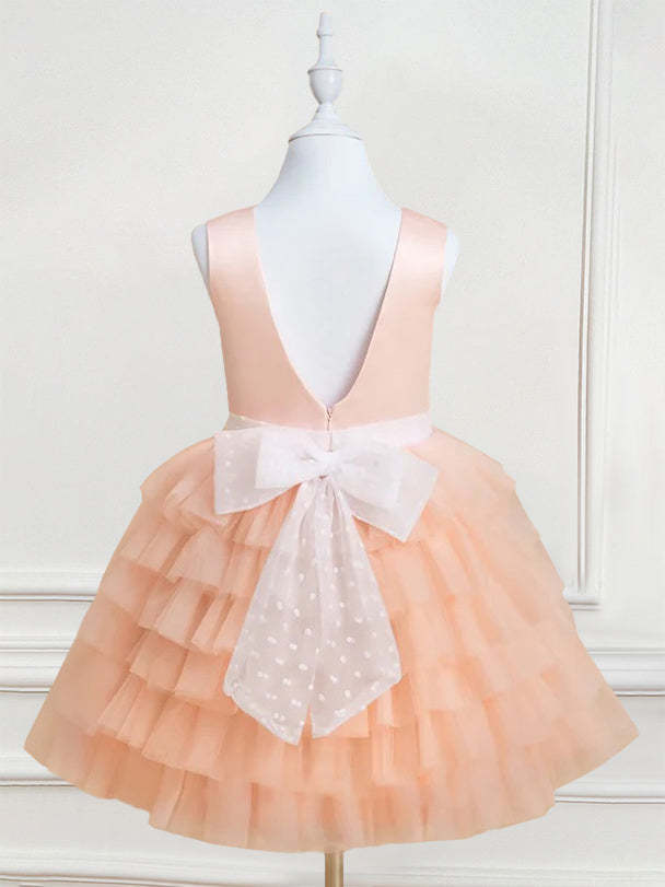 Sleeveless Knee-Length Flower Girl Ball-Gown with Ruffles & Bowknot Round Neck