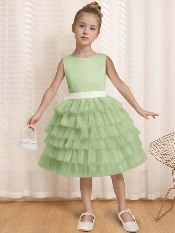 Sleeveless Knee-Length Flower Girl Ball-Gown with Ruffles & Bowknot Round Neck