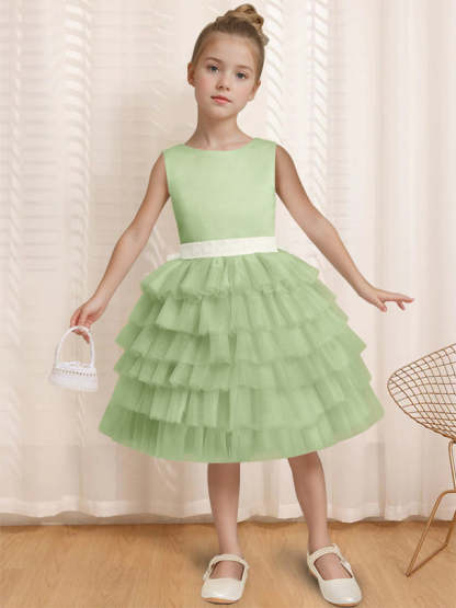 Sleeveless Knee-Length Flower Girl Ball-Gown with Ruffles & Bowknot Round Neck