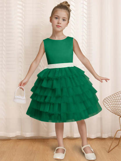 Sleeveless Knee-Length Flower Girl Ball-Gown with Ruffles & Bowknot Round Neck