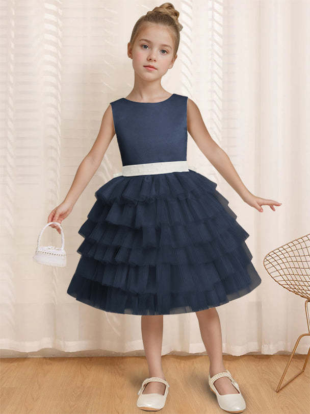 Sleeveless Knee-Length Flower Girl Ball-Gown with Ruffles & Bowknot Round Neck