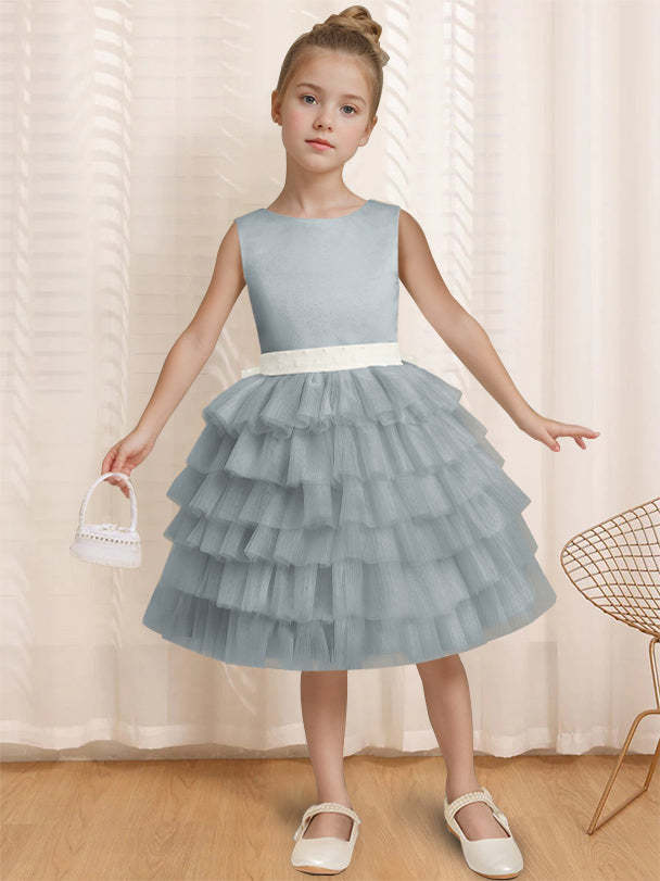 Sleeveless Knee-Length Flower Girl Ball-Gown with Ruffles & Bowknot Round Neck