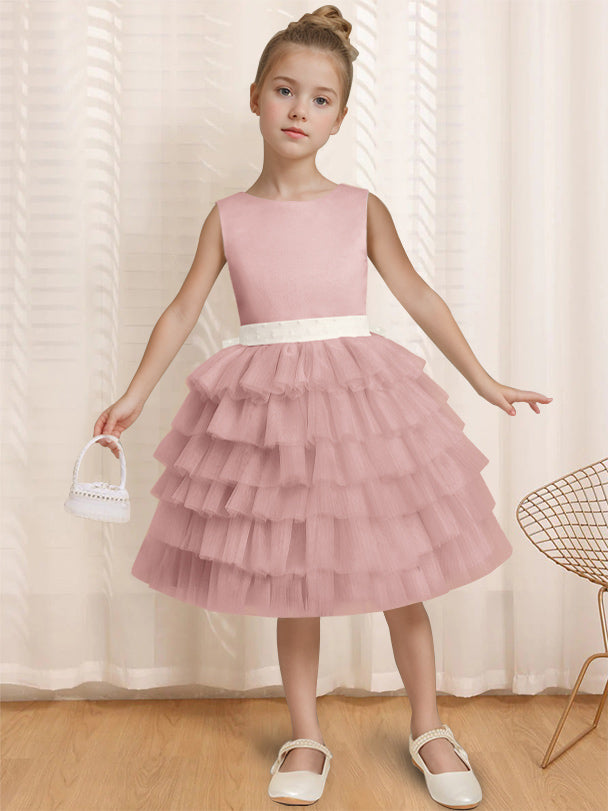 Sleeveless Knee-Length Flower Girl Ball-Gown with Ruffles & Bowknot Round Neck