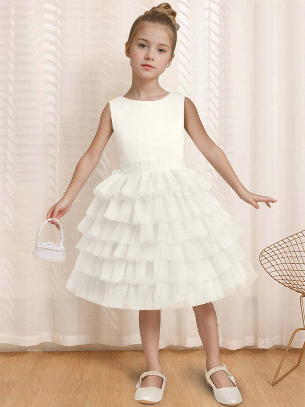 Sleeveless Knee-Length Flower Girl Ball-Gown with Ruffles & Bowknot Round Neck