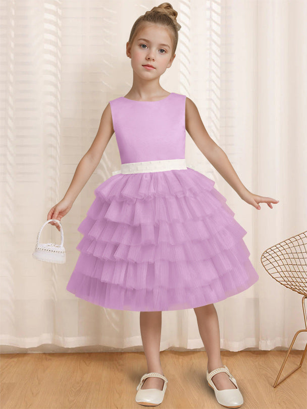 Sleeveless Knee-Length Flower Girl Ball-Gown with Ruffles & Bowknot Round Neck