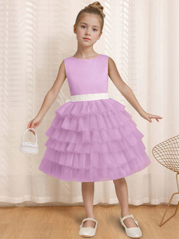 Sleeveless Knee-Length Flower Girl Ball-Gown with Ruffles & Bowknot Round Neck
