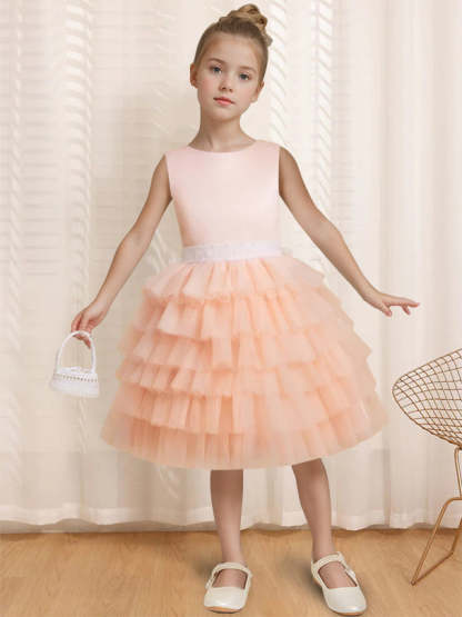 Sleeveless Knee-Length Flower Girl Ball-Gown with Ruffles & Bowknot Round Neck