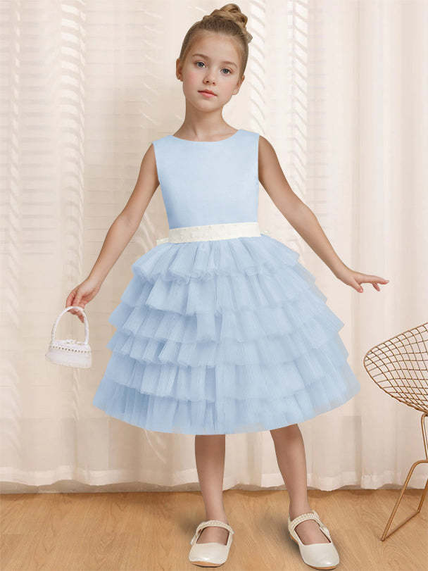 Sleeveless Knee-Length Flower Girl Ball-Gown with Ruffles & Bowknot Round Neck