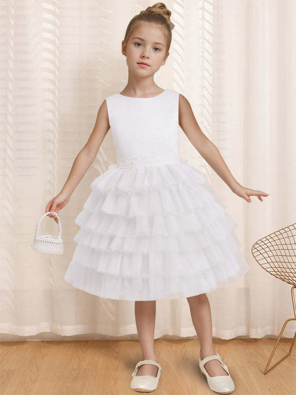 Sleeveless Knee-Length Flower Girl Ball-Gown with Ruffles & Bowknot Round Neck