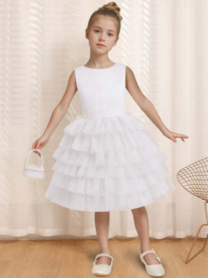 Sleeveless Knee-Length Flower Girl Ball-Gown with Ruffles & Bowknot Round Neck