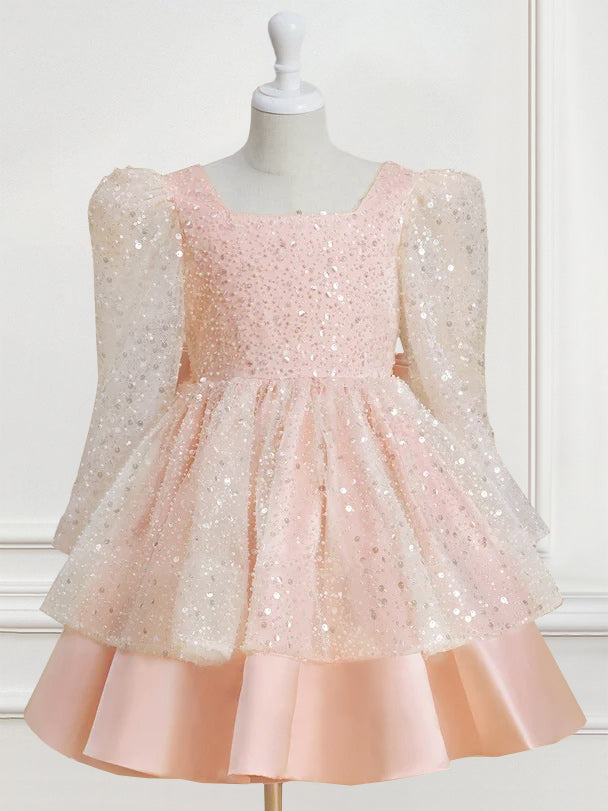 Knee-Length Flower Girl Dress with Bowknot in A-Line/Princess Style and Square Neck Long Sleeves