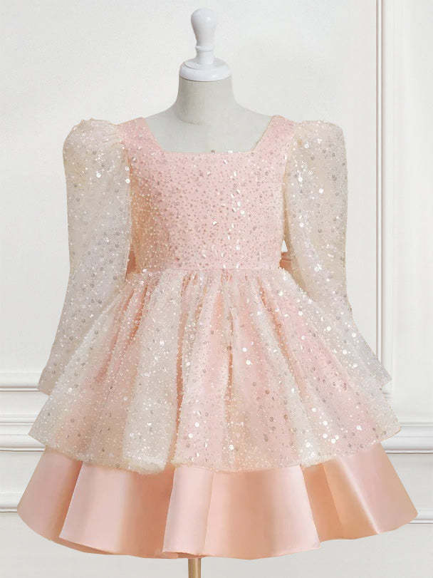 Knee-Length Flower Girl Dress with Bowknot in A-Line/Princess Style and Square Neck Long Sleeves