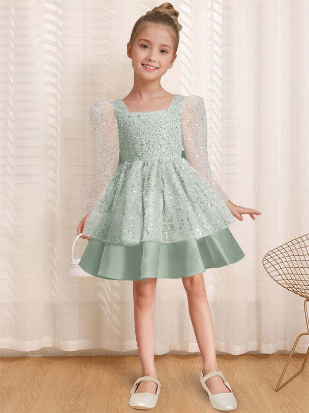 Knee-Length Flower Girl Dress with Bowknot in A-Line/Princess Style and Square Neck Long Sleeves