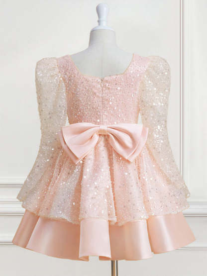 Knee-Length Flower Girl Dress with Bowknot in A-Line/Princess Style and Square Neck Long Sleeves