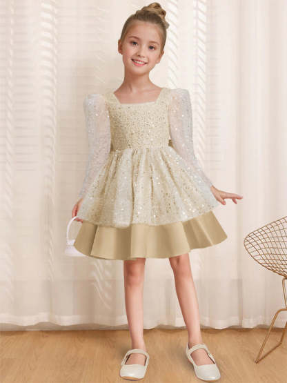 Knee-Length Flower Girl Dress with Bowknot in A-Line/Princess Style and Square Neck Long Sleeves