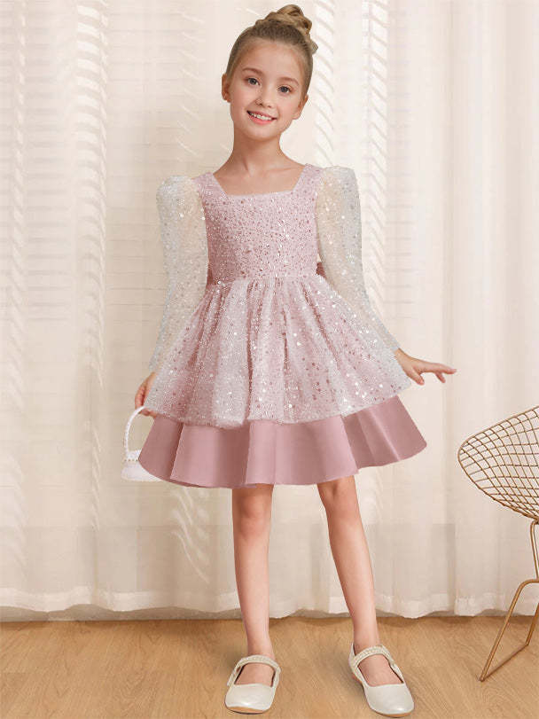 Knee-Length Flower Girl Dress with Bowknot in A-Line/Princess Style and Square Neck Long Sleeves