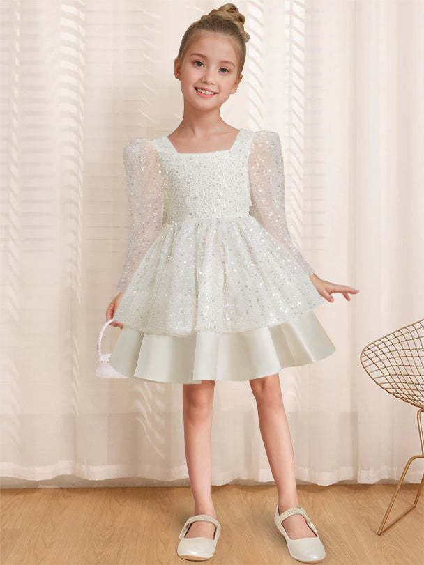 Knee-Length Flower Girl Dress with Bowknot in A-Line/Princess Style and Square Neck Long Sleeves