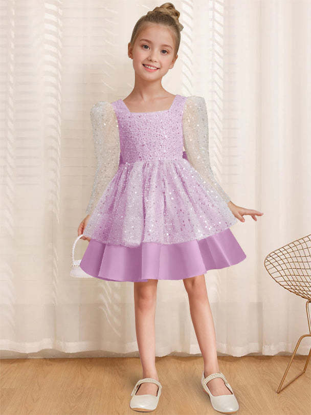Knee-Length Flower Girl Dress with Bowknot in A-Line/Princess Style and Square Neck Long Sleeves