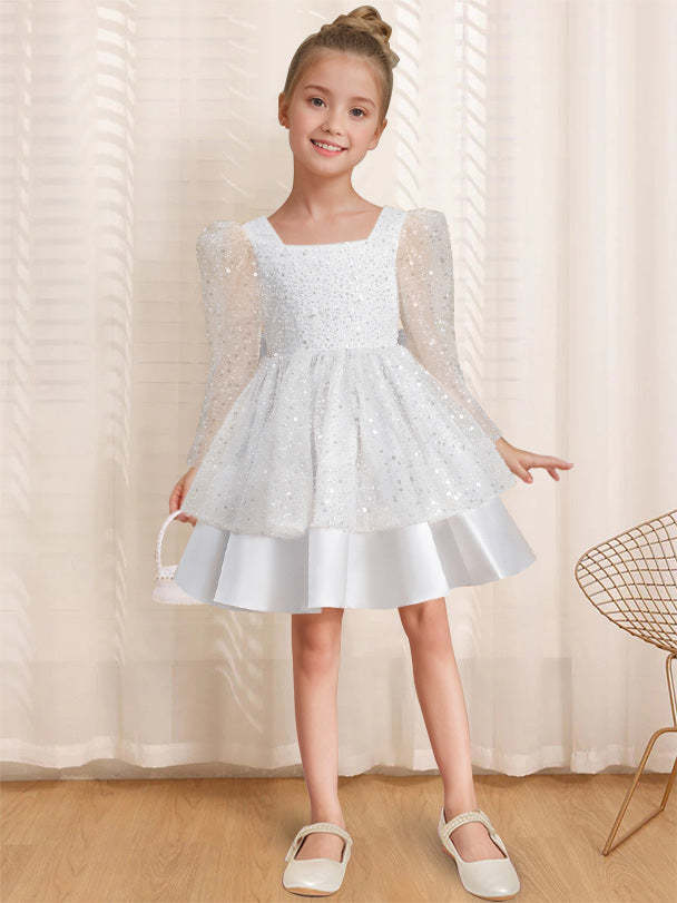 Knee-Length Flower Girl Dress with Bowknot in A-Line/Princess Style and Square Neck Long Sleeves
