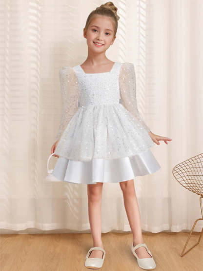 Knee-Length Flower Girl Dress with Bowknot in A-Line/Princess Style and Square Neck Long Sleeves
