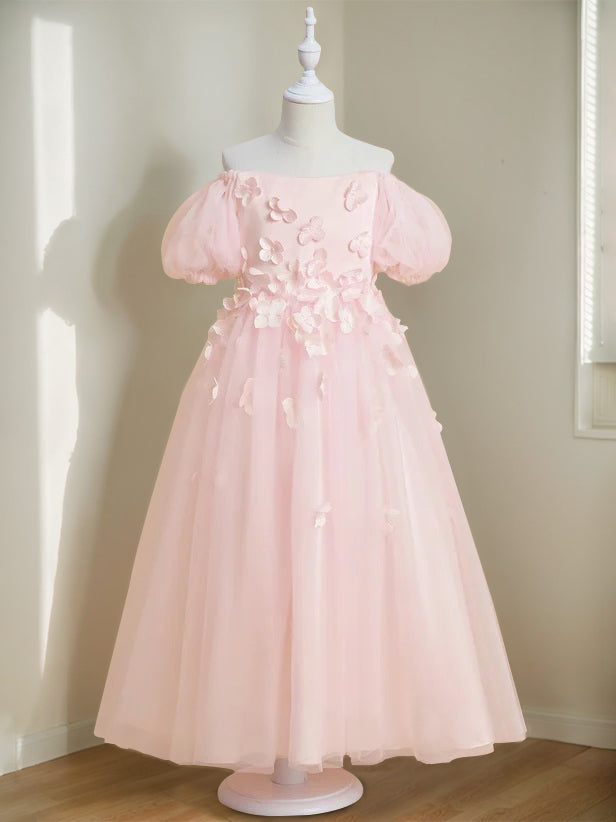 Princess A-Line Flower Girl Dress with 3D Flowers & Beads Off-the-Shoulder and Ankle-Length