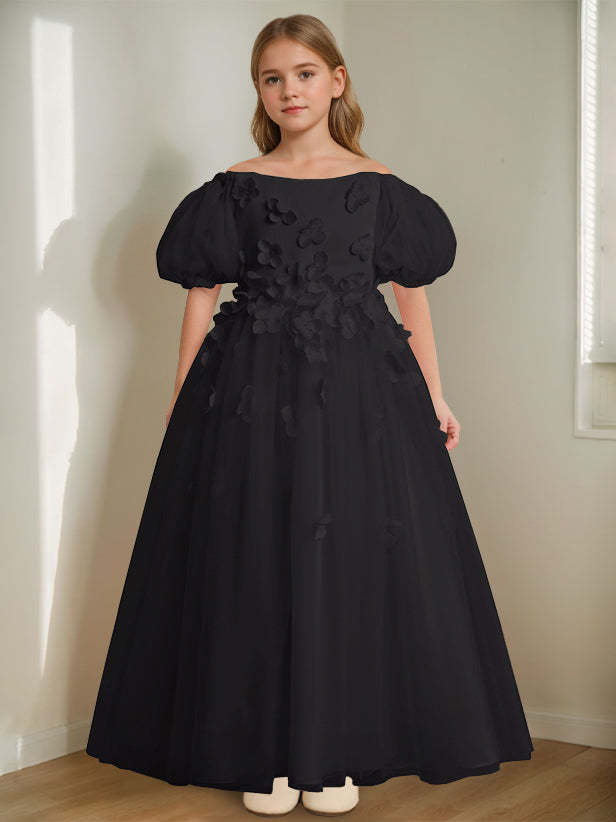 Princess A-Line Flower Girl Dress with 3D Flowers & Beads Off-the-Shoulder and Ankle-Length
