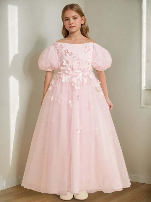 Princess A-Line Flower Girl Dress with 3D Flowers & Beads Off-the-Shoulder and Ankle-Length
