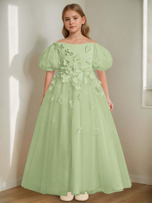 Princess A-Line Flower Girl Dress with 3D Flowers & Beads Off-the-Shoulder and Ankle-Length
