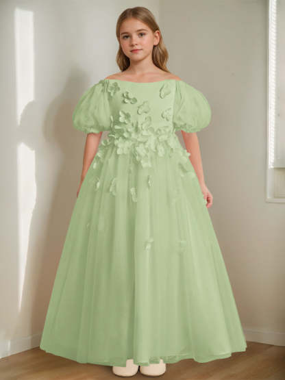 Princess A-Line Flower Girl Dress with 3D Flowers & Beads Off-the-Shoulder and Ankle-Length
