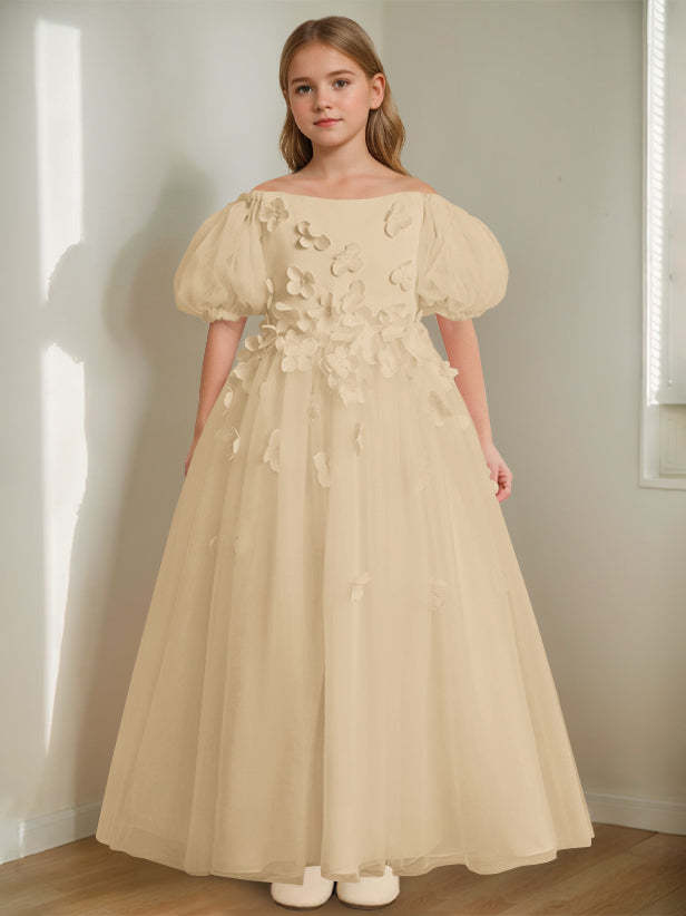 Princess A-Line Flower Girl Dress with 3D Flowers & Beads Off-the-Shoulder and Ankle-Length