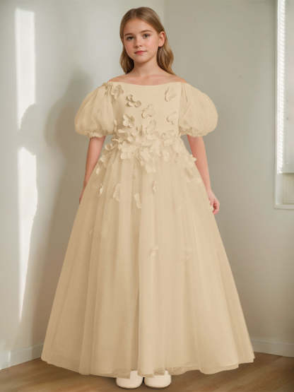 Princess A-Line Flower Girl Dress with 3D Flowers & Beads Off-the-Shoulder and Ankle-Length
