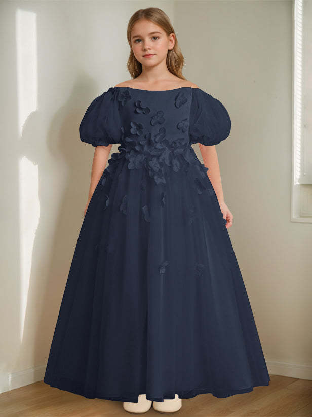 Princess A-Line Flower Girl Dress with 3D Flowers & Beads Off-the-Shoulder and Ankle-Length