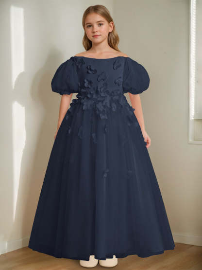 Princess A-Line Flower Girl Dress with 3D Flowers & Beads Off-the-Shoulder and Ankle-Length