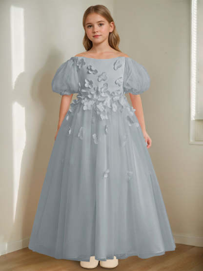 Princess A-Line Flower Girl Dress with 3D Flowers & Beads Off-the-Shoulder and Ankle-Length