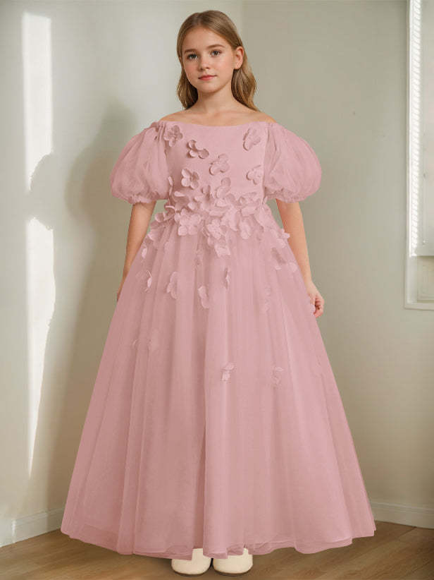 Princess A-Line Flower Girl Dress with 3D Flowers & Beads Off-the-Shoulder and Ankle-Length