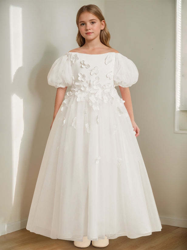Princess A-Line Flower Girl Dress with 3D Flowers & Beads Off-the-Shoulder and Ankle-Length