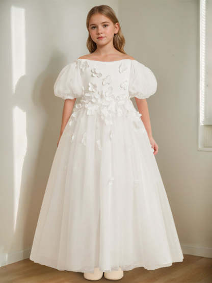 Princess A-Line Flower Girl Dress with 3D Flowers & Beads Off-the-Shoulder and Ankle-Length
