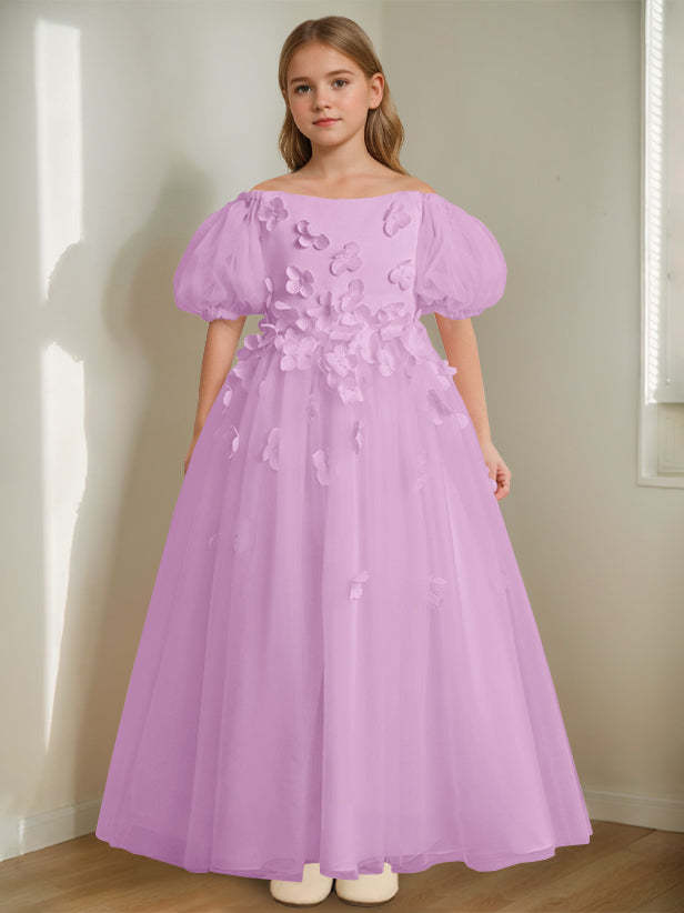 Princess A-Line Flower Girl Dress with 3D Flowers & Beads Off-the-Shoulder and Ankle-Length