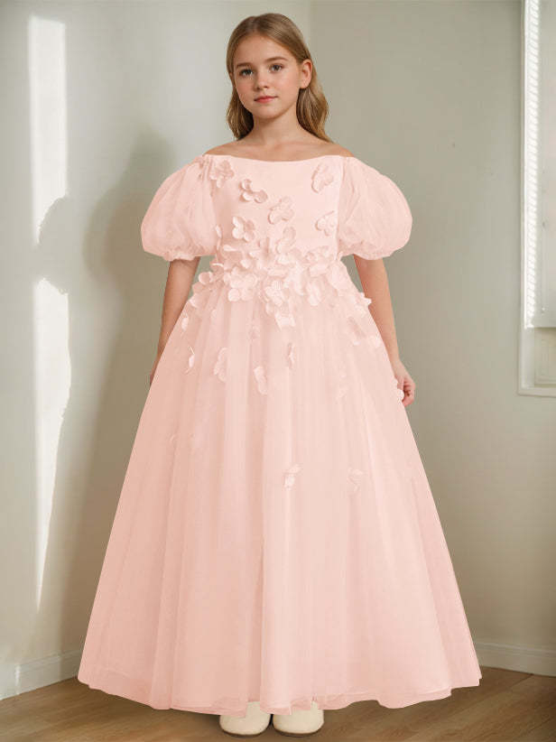 Princess A-Line Flower Girl Dress with 3D Flowers & Beads Off-the-Shoulder and Ankle-Length