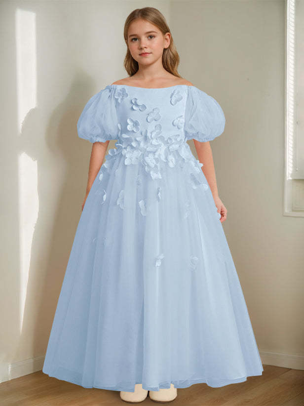 Princess A-Line Flower Girl Dress with 3D Flowers & Beads Off-the-Shoulder and Ankle-Length