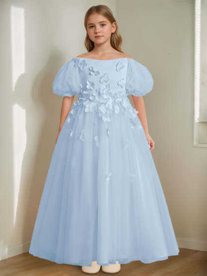 Princess A-Line Flower Girl Dress with 3D Flowers & Beads Off-the-Shoulder and Ankle-Length