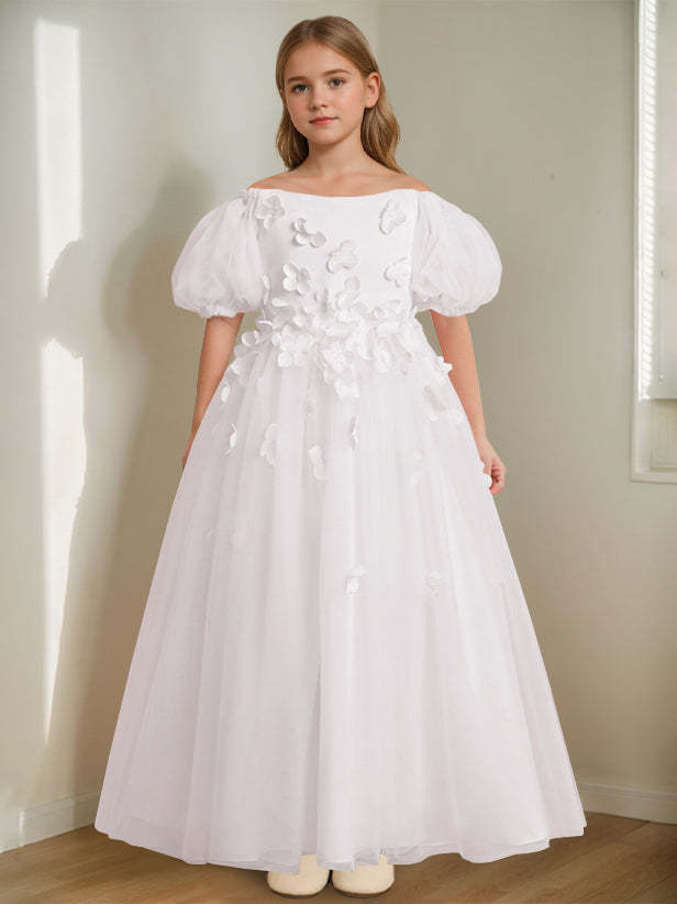 Princess A-Line Flower Girl Dress with 3D Flowers & Beads Off-the-Shoulder and Ankle-Length