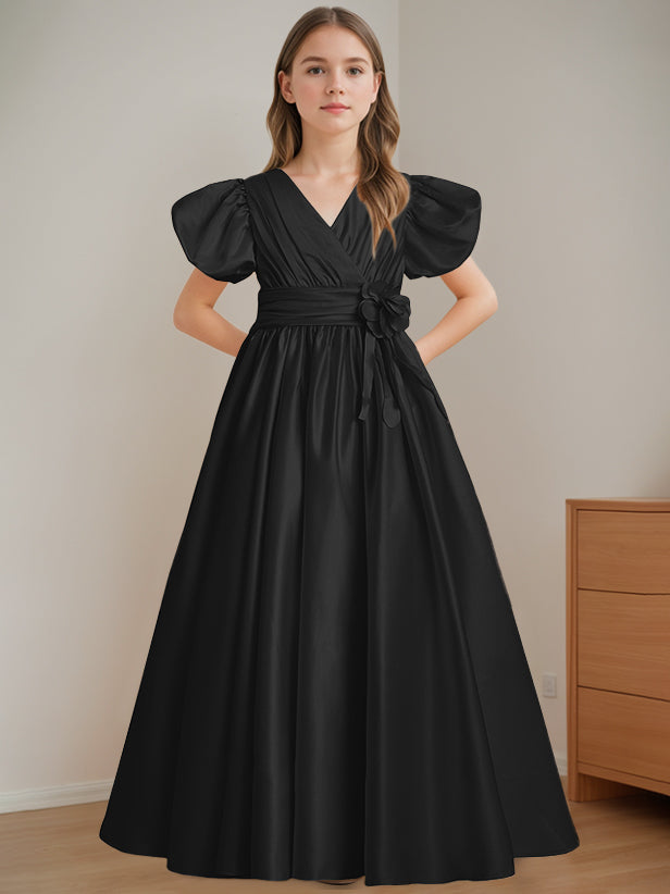 V-Neck A-Line Princess Floor-Length Flower Girl Dress with Short Sleeves and 3D Flowers