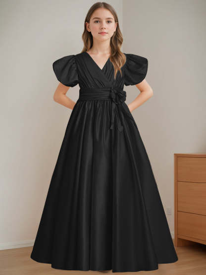 V-Neck A-Line Princess Floor-Length Flower Girl Dress with Short Sleeves and 3D Flowers