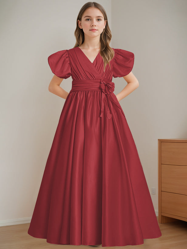 V-Neck A-Line Princess Floor-Length Flower Girl Dress with Short Sleeves and 3D Flowers