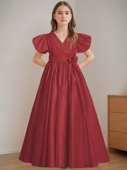 V-Neck A-Line Princess Floor-Length Flower Girl Dress with Short Sleeves and 3D Flowers