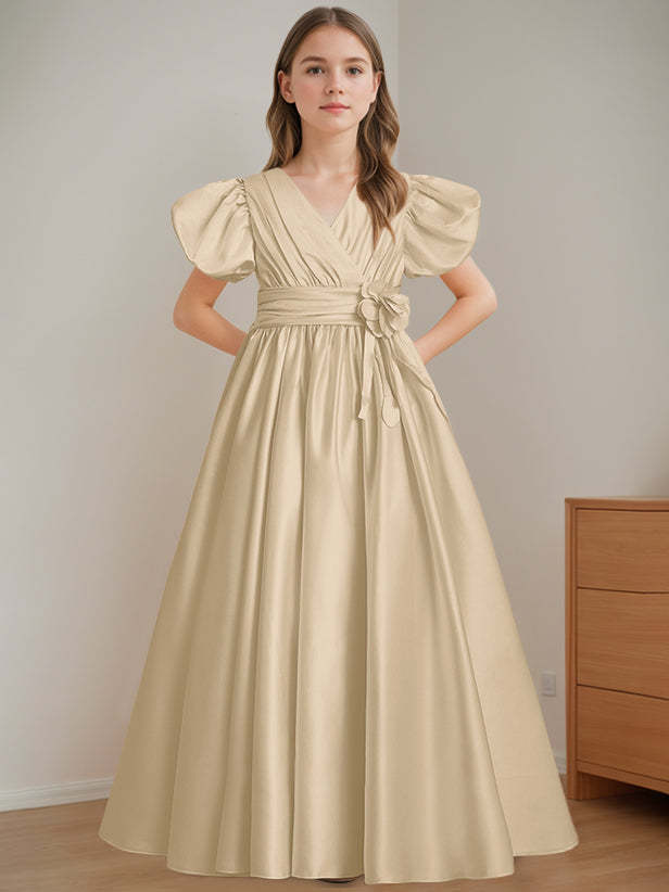 V-Neck A-Line Princess Floor-Length Flower Girl Dress with Short Sleeves and 3D Flowers