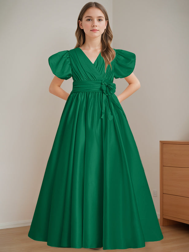 V-Neck A-Line Princess Floor-Length Flower Girl Dress with Short Sleeves and 3D Flowers